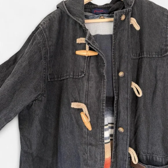 Vintage Black Denim Hooded Toggle Barn Coat - Picture 3 of 6